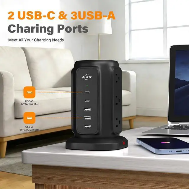 Alt view image 3 of 7 - Power Strip Tower with 9 AC Outlets and 5 USB Ports Charging Station | 1200J Surge Protector, 6.5 Feet Extension Cord with Multiple Outlets for Home Dorm Room Office Supplies Desk Accessories