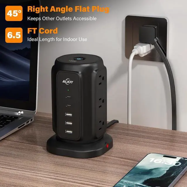 Alt view image 5 of 7 - Power Strip Tower with 9 AC Outlets and 5 USB Ports Charging Station | 1200J Surge Protector, 6.5 Feet Extension Cord with Multiple Outlets for Home Dorm Room Office Supplies Desk Accessories