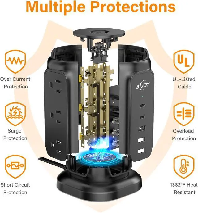 Alt view image 4 of 7 - Power Strip Tower with 9 AC Outlets and 5 USB Ports Charging Station | 1200J Surge Protector, 6.5 Feet Extension Cord with Multiple Outlets for Home Dorm Room Office Supplies Desk Accessories