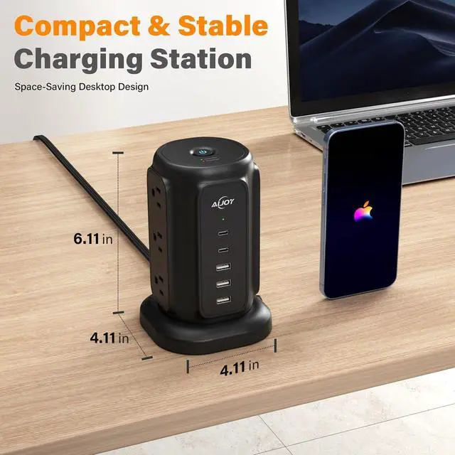 Alt view image 7 of 7 - Power Strip Tower with 9 AC Outlets and 5 USB Ports Charging Station | 1200J Surge Protector, 6.5 Feet Extension Cord with Multiple Outlets for Home Dorm Room Office Supplies Desk Accessories