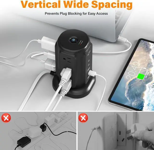 Alt view image 6 of 7 - Power Strip Tower with 9 AC Outlets and 5 USB Ports Charging Station | 1200J Surge Protector, 6.5 Feet Extension Cord with Multiple Outlets for Home Dorm Room Office Supplies Desk Accessories