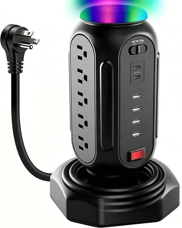 Main image of Power Tower with Retractable Cord, Surge Protector Tower with PD 30W USB-C (Single Port 30W/2 Ports 15W Each), 15 AC Outlets, 6.5ft Flat Plug, High-Power Fast Charging Station for Home and Office