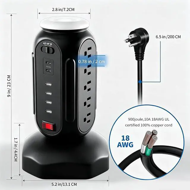 Alt view image 3 of 7 - Power Tower with Retractable Cord, Surge Protector Tower with PD 30W USB-C (Single Port 30W/2 Ports 15W Each), 15 AC Outlets, 6.5ft Flat Plug, High-Power Fast Charging Station for Home and Office