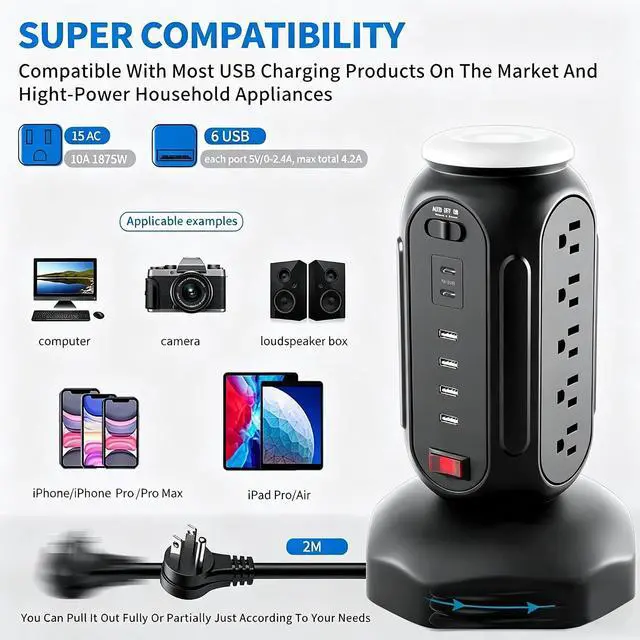 Alt view image 4 of 7 - Power Tower with Retractable Cord, Surge Protector Tower with PD 30W USB-C (Single Port 30W/2 Ports 15W Each), 15 AC Outlets, 6.5ft Flat Plug, High-Power Fast Charging Station for Home and Office