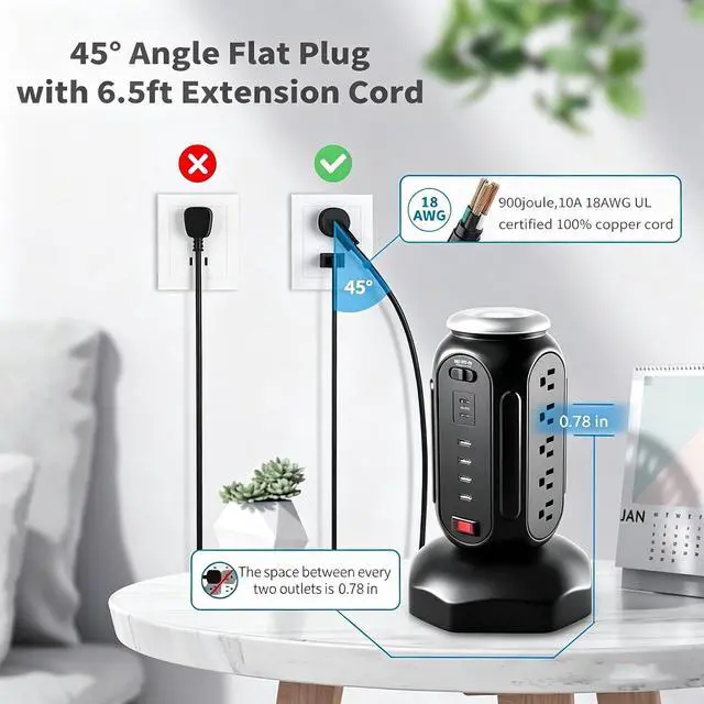 Alt view image 5 of 7 - Power Tower with Retractable Cord, Surge Protector Tower with PD 30W USB-C (Single Port 30W/2 Ports 15W Each), 15 AC Outlets, 6.5ft Flat Plug, High-Power Fast Charging Station for Home and Office
