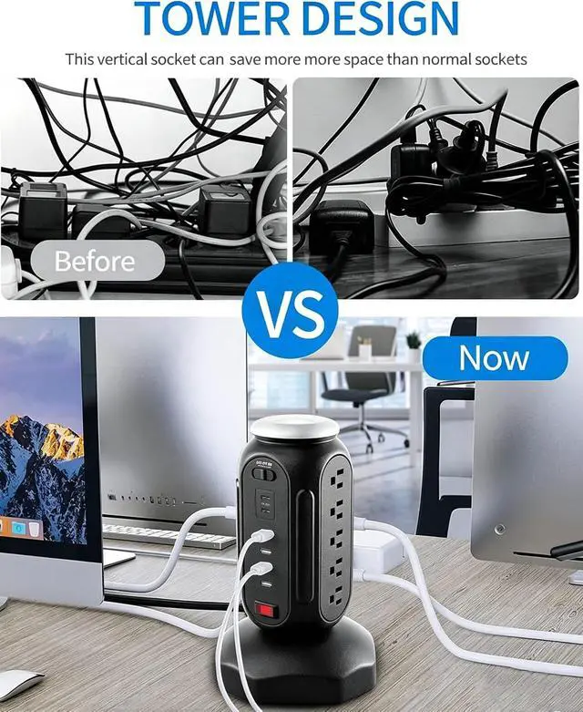 Alt view image 6 of 7 - Power Tower with Retractable Cord, Surge Protector Tower with PD 30W USB-C (Single Port 30W/2 Ports 15W Each), 15 AC Outlets, 6.5ft Flat Plug, High-Power Fast Charging Station for Home and Office