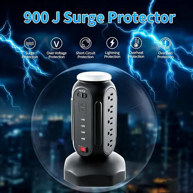 Alt view image 7 of 7 - Power Tower with Retractable Cord, Surge Protector Tower with PD 30W USB-C (Single Port 30W/2 Ports 15W Each), 15 AC Outlets, 6.5ft Flat Plug, High-Power Fast Charging Station for Home and Office