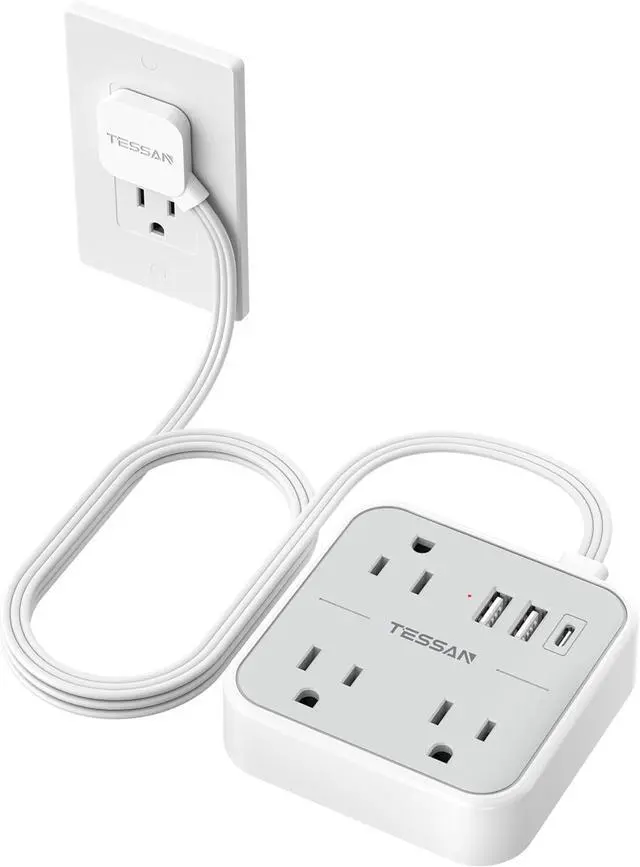 Main image of TESSAN Ultra Thin Flat Extension Cord 5 FT | Slim Power Strip with USB Ports (1 USB C), Surge Protector, Flat Plug Wall Charger, 3 Outlets