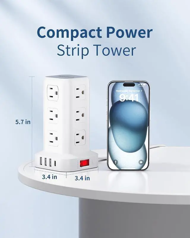 Alt view image 5 of 7 - Extension Cord with Multiple Outlets, SMALLRT Flat Plug Power Strip Tower, Outlet Extender with USB 12 AC Outlets, 10FT Ultra Thin Extension Cord for Home Office, Overload Protection