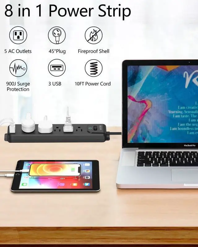 Alt view image 2 of 7 - 2 Pack Surge Protector Power Strip, 10FT Long Extension Cord | 5 Widely Spaced Outlets 3 USB Ports (1 USB C Port), Overload Protection, 900 Joules, Wall Mount Home Office Dorm, ETL Listed