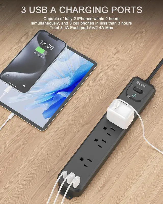 Alt view image 3 of 7 - 2 Pack Surge Protector Power Strip, 10FT Long Extension Cord | 5 Widely Spaced Outlets 3 USB Ports (1 USB C Port), Overload Protection, 900 Joules, Wall Mount Home Office Dorm, ETL Listed