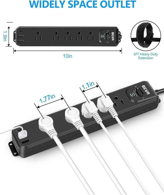 Alt view image 6 of 7 - 2 Pack Surge Protector Power Strip, 10FT Long Extension Cord | 5 Widely Spaced Outlets 3 USB Ports (1 USB C Port), Overload Protection, 900 Joules, Wall Mount Home Office Dorm, ETL Listed