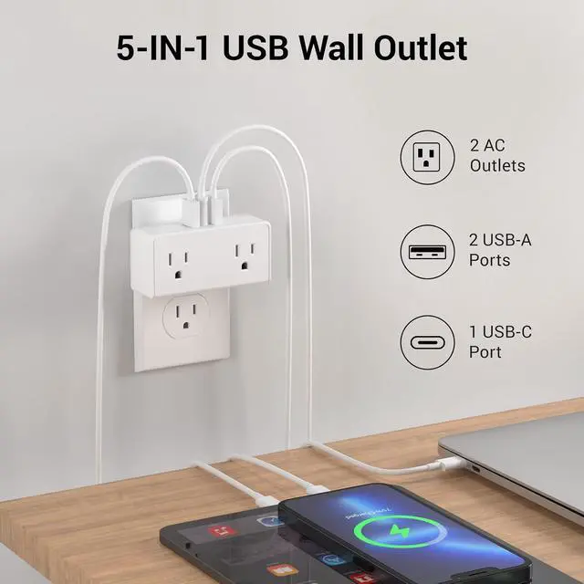 Alt view image 3 of 7 - 2Pack (Wall-Tap & Power Strip) with 6ft Power Cord, Compact Charging Hub with 2-Port USB-A & 1-Port USB-C Chargers, 3-Prong, for Home, Office, Hotel, DC3S-1122-DC