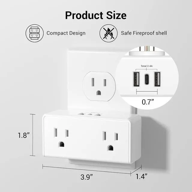Alt view image 5 of 7 - 2Pack (Wall-Tap & Power Strip) with 6ft Power Cord, Compact Charging Hub with 2-Port USB-A & 1-Port USB-C Chargers, 3-Prong, for Home, Office, Hotel, DC3S-1122-DC
