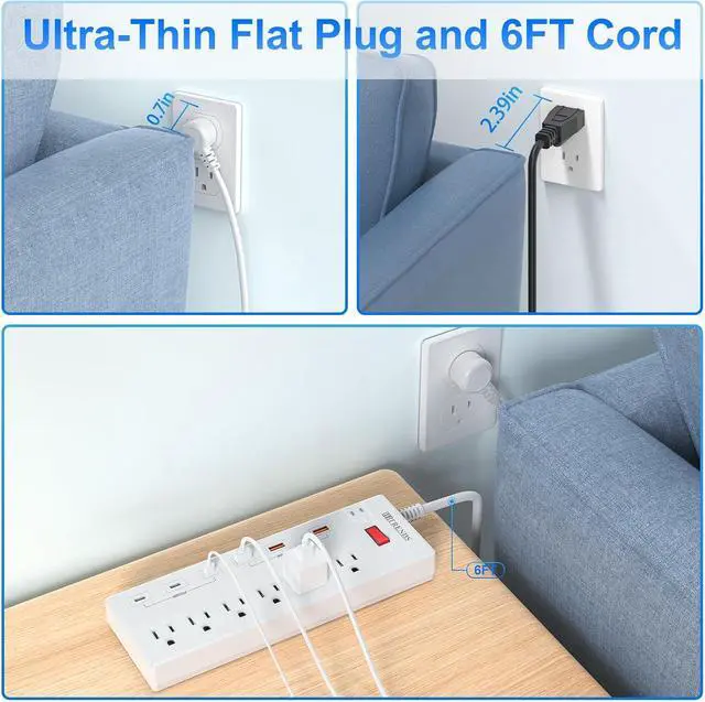 Alt view image 7 of 7 - Power Strip, HITRENDS Surge Protector with 6 AC Outlets & 6 USB Ports (3 USB-C & 3 USB-A), 20W PD Fast Charging USB-C, 6 Ft Flat Plug Extension Cord with Multiple Outlet, 1625W/13A, for Home Office