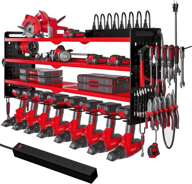 Main image of NattyDot Power Tool Organizer Wall Mount, 8-Drill Charging Station, Red | 4-tier Garage Rack Stores 8 Cordless Drills and Tools; Built-in 8-outlet Power Strip Makes a Convenient Charging Workspace