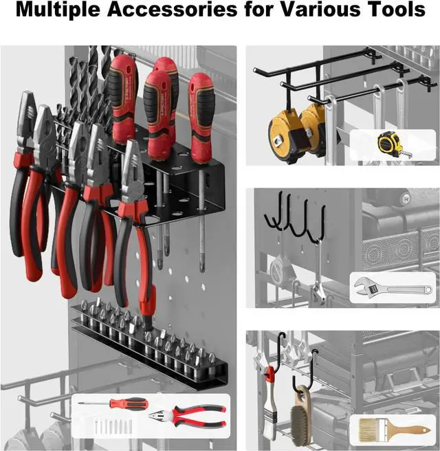 Alt view image 5 of 7 - JUNNUJ Power Tool Charging Organizer Floor Stand, Black, 6 FT Power Cord | Garage Adjustable Storage Rack, Utility Tool Shelf Station with 8 Outlet Power Strip, Heavy Duty Drill and Battery Holder