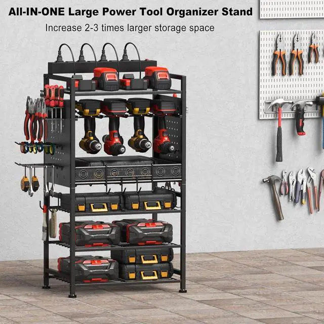 Alt view image 6 of 7 - JUNNUJ Power Tool Charging Organizer Floor Stand, Black, 6 FT Power Cord | Garage Adjustable Storage Rack, Utility Tool Shelf Station with 8 Outlet Power Strip, Heavy Duty Drill and Battery Holder