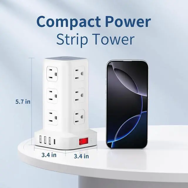 Alt view image 5 of 7 - Power Strip 10 FT Cord, Power Strip Tower with 4 USB Ports (1USB C), Extension Cord with 12 AC Multiple Outlets, Home Office Supplies Desk Accessories, Dorm Room Essentials