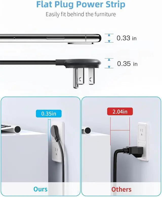 Alt view image 4 of 7 - PAEWOK 6 Outlet Desk Clamp Power Strip, Flat Plug Extension Cord | Desktop Edge Mount for 1.8 inch Tabletop Thick, Table Edge Socket with Switch, 6 ft Cord with USB C, Black