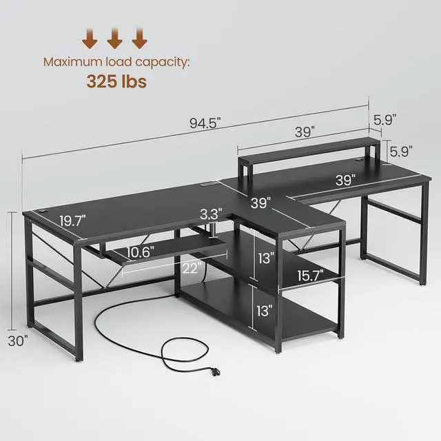 Alt view image 2 of 7 - SEDETA 94.5" 2 Person Gaming Desk with Storage Shelves, LED Light, Black | Double T Shaped Office Desk with Keyboard Tray, Power Strip with USB & Monitor Stand for Home Office, Bedroom