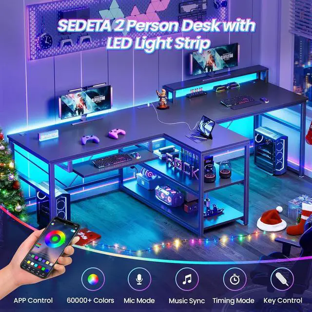 Alt view image 3 of 7 - SEDETA 94.5" 2 Person Gaming Desk with Storage Shelves, LED Light, Black | Double T Shaped Office Desk with Keyboard Tray, Power Strip with USB & Monitor Stand for Home Office, Bedroom