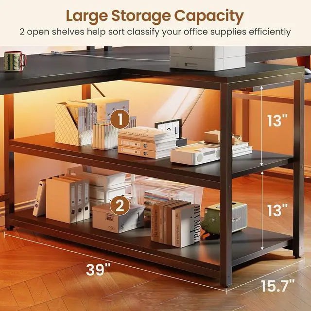 Alt view image 4 of 7 - SEDETA 94.5" 2 Person Gaming Desk with Storage Shelves, LED Light, Black | Double T Shaped Office Desk with Keyboard Tray, Power Strip with USB & Monitor Stand for Home Office, Bedroom