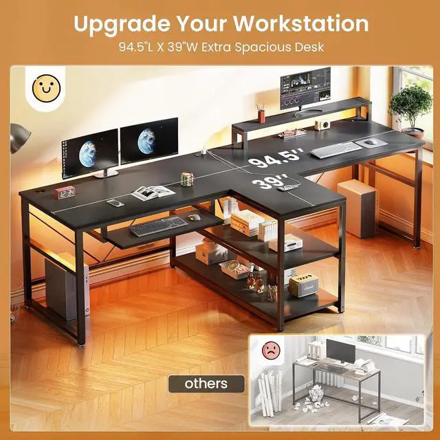 Alt view image 5 of 7 - SEDETA 94.5" 2 Person Gaming Desk with Storage Shelves, LED Light, Black | Double T Shaped Office Desk with Keyboard Tray, Power Strip with USB & Monitor Stand for Home Office, Bedroom