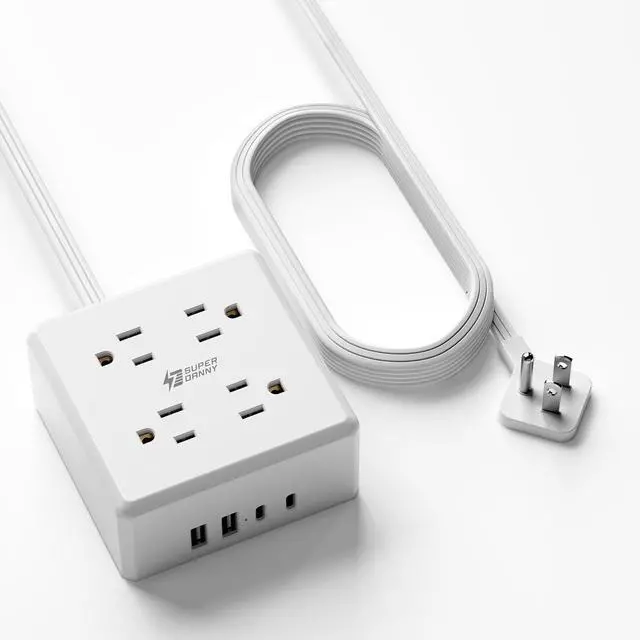 Main image of Power Strip Surge Protector - SUPERDANNY 5 Ft Extension Cord with 4 Outlets & 4 USBs, 900 Joules, Overload Switch, Grounded, Mountable, Desktop Charging Station for Home, Office, Hotel, Dorm, White