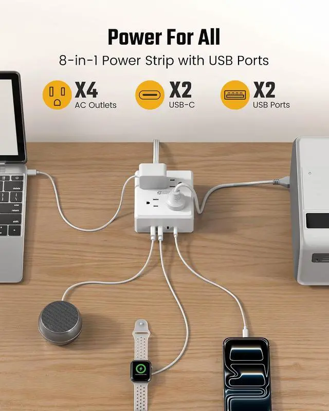 Alt view image 2 of 7 - Power Strip Surge Protector - SUPERDANNY 5 Ft Extension Cord with 4 Outlets & 4 USBs, 900 Joules, Overload Switch, Grounded, Mountable, Desktop Charging Station for Home, Office, Hotel, Dorm, White