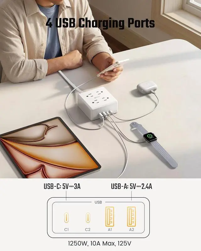 Alt view image 4 of 7 - Power Strip Surge Protector - SUPERDANNY 5 Ft Extension Cord with 4 Outlets & 4 USBs, 900 Joules, Overload Switch, Grounded, Mountable, Desktop Charging Station for Home, Office, Hotel, Dorm, White