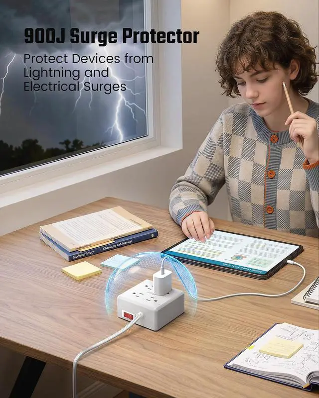 Alt view image 5 of 7 - Power Strip Surge Protector - SUPERDANNY 5 Ft Extension Cord with 4 Outlets & 4 USBs, 900 Joules, Overload Switch, Grounded, Mountable, Desktop Charging Station for Home, Office, Hotel, Dorm, White