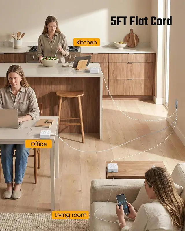 Alt view image 6 of 7 - Power Strip Surge Protector - SUPERDANNY 5 Ft Extension Cord with 4 Outlets & 4 USBs, 900 Joules, Overload Switch, Grounded, Mountable, Desktop Charging Station for Home, Office, Hotel, Dorm, White