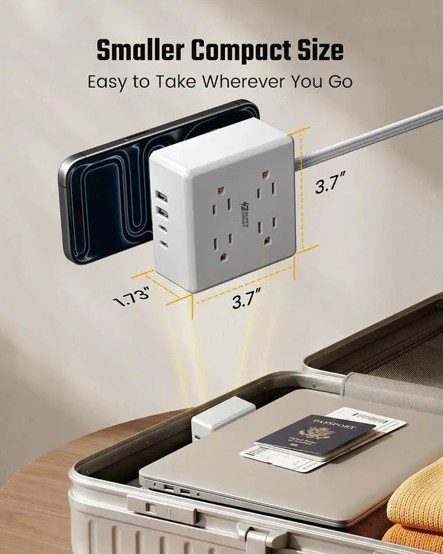 Alt view image 7 of 7 - Power Strip Surge Protector - SUPERDANNY 5 Ft Extension Cord with 4 Outlets & 4 USBs, 900 Joules, Overload Switch, Grounded, Mountable, Desktop Charging Station for Home, Office, Hotel, Dorm, White