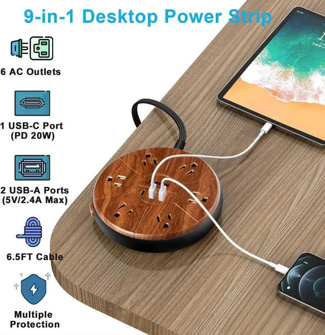 Alt view image 2 of 7 - Power Strip with USB - 6 Outlets, 1 USB-C (20W PD), 2 USB-A - Wood Finish Power Strip Surge Protector, 6.5 ft Flat Extension Cord for Home Office, Dorm Desk