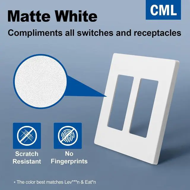Alt view image 2 of 7 - CML 2-Gang Matte White Decorator Screwless Wall Plates, 12 Pack Child Safe Light Switch Covers, Standard Size 4.68 X 4.72, Scratch and Impact Resistant, Hidden Screws, Polycarbonate