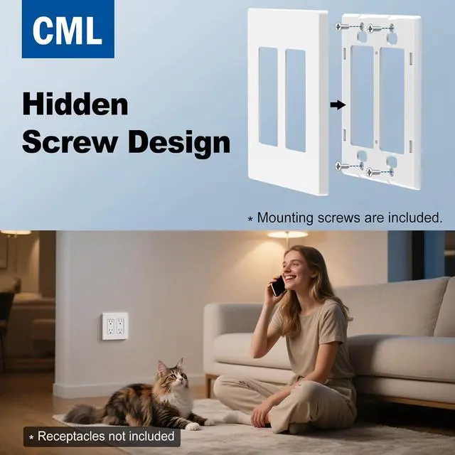 Alt view image 4 of 7 - CML 2-Gang Matte White Decorator Screwless Wall Plates, 12 Pack Child Safe Light Switch Covers, Standard Size 4.68 X 4.72, Scratch and Impact Resistant, Hidden Screws, Polycarbonate