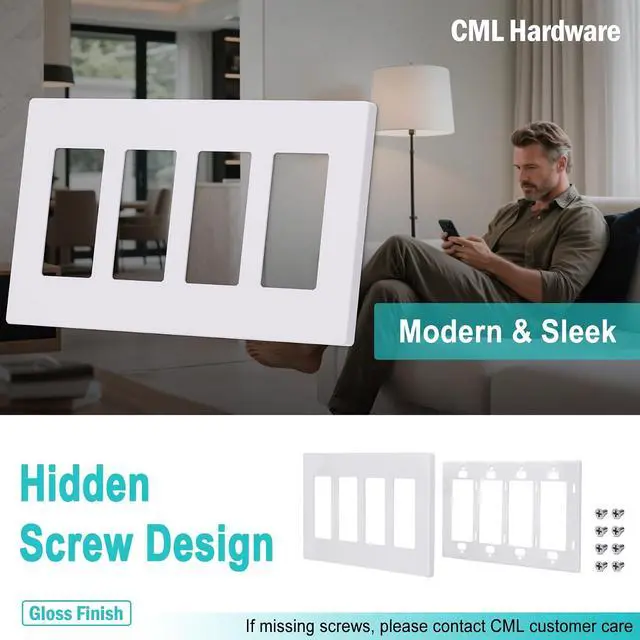 Alt view image 3 of 7 - CML 4-Gang Screwless Decorator Wall Plate, White Outlet Covers, 4 Pack Hidden Wall Safe Switch Plate, Standard Size 4.68X 8.34, Impact Resistant