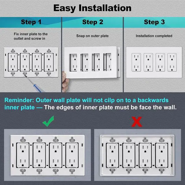 Alt view image 4 of 7 - CML 4-Gang Screwless Decorator Wall Plate, White Outlet Covers, 4 Pack Hidden Wall Safe Switch Plate, Standard Size 4.68X 8.34, Impact Resistant