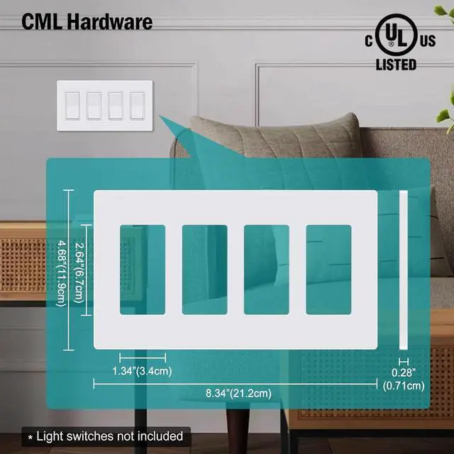 Alt view image 5 of 7 - CML 4-Gang Screwless Decorator Wall Plate, White Outlet Covers, 4 Pack Hidden Wall Safe Switch Plate, Standard Size 4.68X 8.34, Impact Resistant