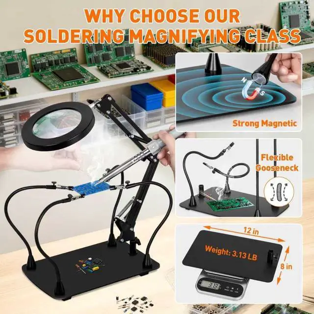 Alt view image 3 of 7 - Helping Hands Soldering Station, 10X Magnifying Glass with Light | and Stand, Magnetic Third Hand & PCB Circuit Board Holder, Hands Free Solder Magnifier Desk Lamp for Repair Crafts Electronic