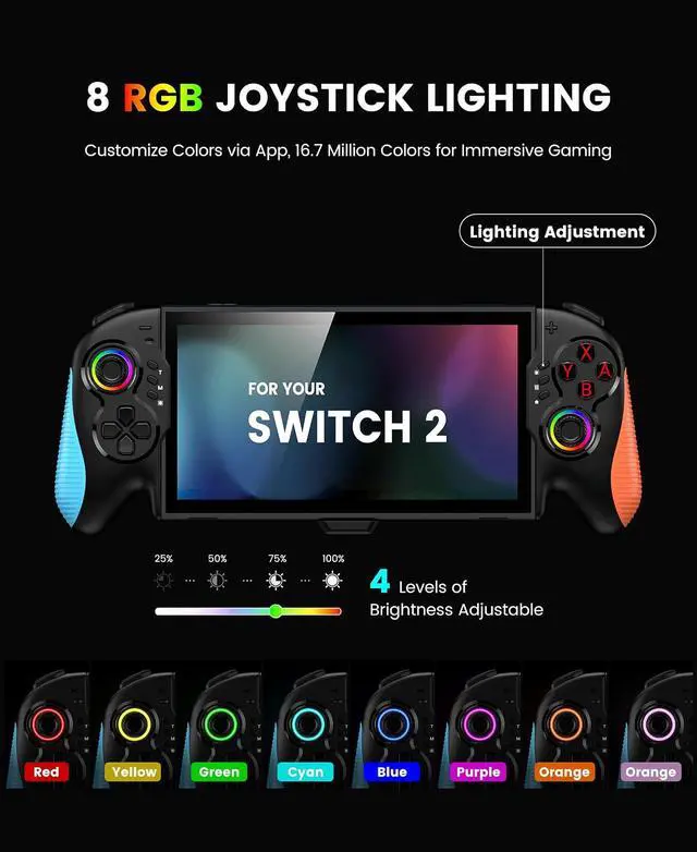 Alt view image 6 of 7 - Gammeefy JC700 Switch 2 Controller, Handheld Controller with Ergonomic Grip | Hall Effect Joystick, 8-Color RGB Lighting, Wired Connection | No Latency, Macros, Turbo, 6 Game Slots