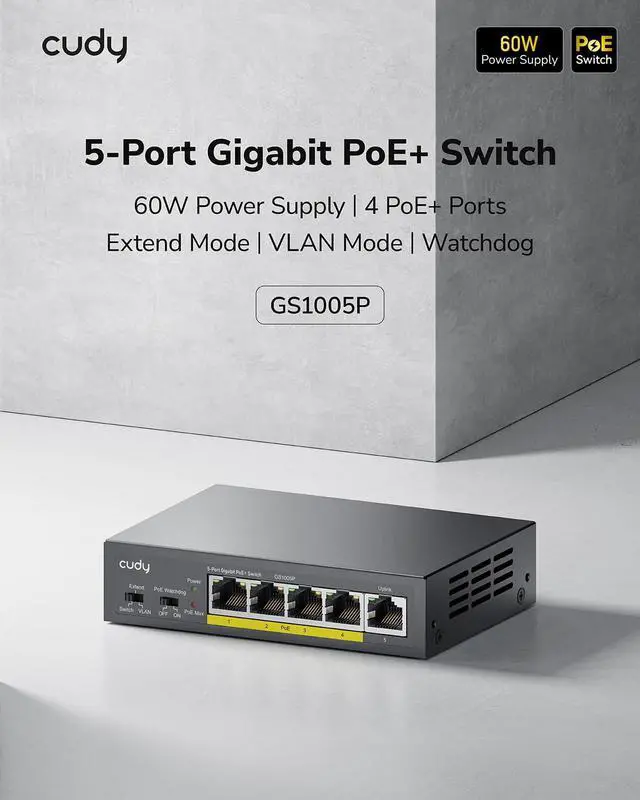 Alt view image 2 of 7 - Cudy 5 Port Gigabit PoE+ Unmanaged Switch, 4 PoE 60W, Metal, GS1005P | 4x GbE 802.3af/at 30W, 1x GbE upstream, 10 Gbps capacity, port isolation/250m mode, watchdog, SPCC body, tabletop/wall