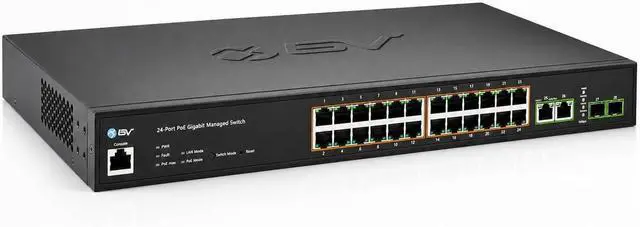 Main image of BV-Tech 24-Port Managed Gigabit PoE+ Switch with 2 Ethernet & 2 SFP Uplinks | 250W, NDAA Compliant, VLAN & QoS, IGMP & LACP LAG, Web GUI (Rack Mount Brackets Included)