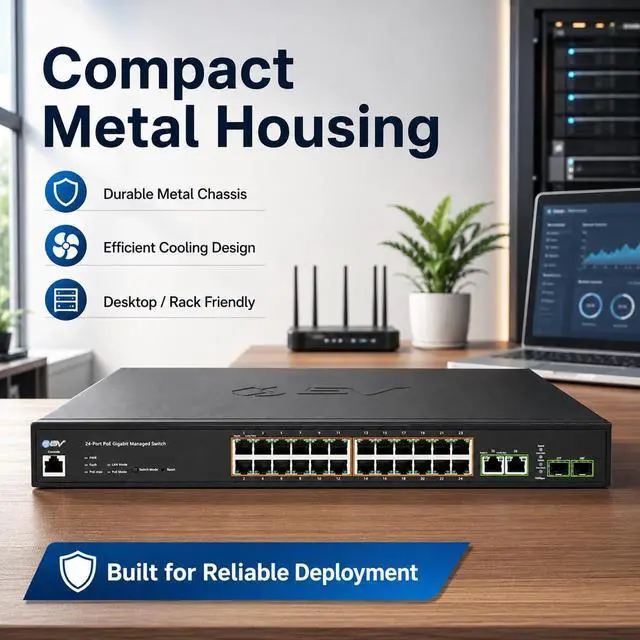 Alt view image 4 of 7 - BV-Tech 24-Port Managed Gigabit PoE+ Switch with 2 Ethernet & 2 SFP Uplinks | 250W, NDAA Compliant, VLAN & QoS, IGMP & LACP LAG, Web GUI (Rack Mount Brackets Included)