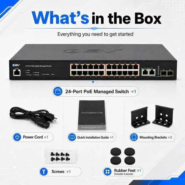 Alt view image 5 of 7 - BV-Tech 24-Port Managed Gigabit PoE+ Switch with 2 Ethernet & 2 SFP Uplinks | 250W, NDAA Compliant, VLAN & QoS, IGMP & LACP LAG, Web GUI (Rack Mount Brackets Included)