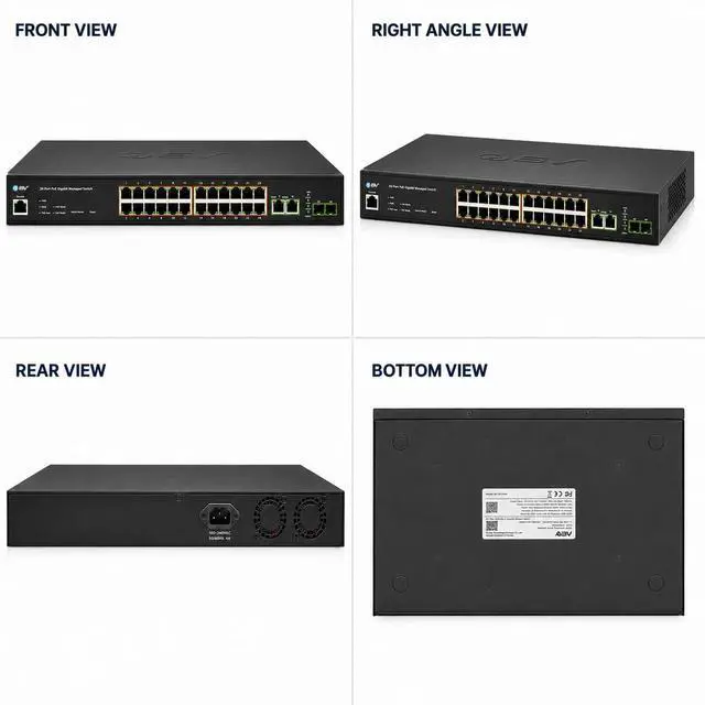 Alt view image 7 of 7 - BV-Tech 24-Port Managed Gigabit PoE+ Switch with 2 Ethernet & 2 SFP Uplinks | 250W, NDAA Compliant, VLAN & QoS, IGMP & LACP LAG, Web GUI (Rack Mount Brackets Included)