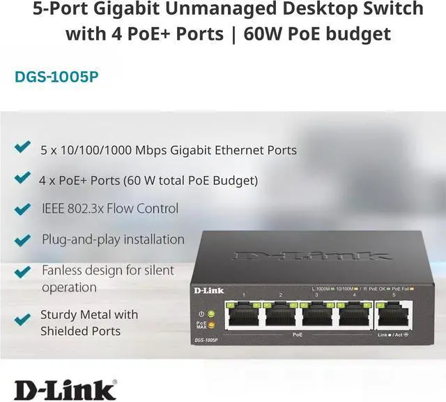 Alt view image 3 of 7 - D-Link 5-Port Gigabit PoE+ Unmanaged Ethernet Switch, with 4 PoE Ports up to 60W PoE Budget, QoS, Fanless, Sturdy Metal with Shielded Ports, Compact Desktop, Follows NDAA/TAA (DGS-1005P)