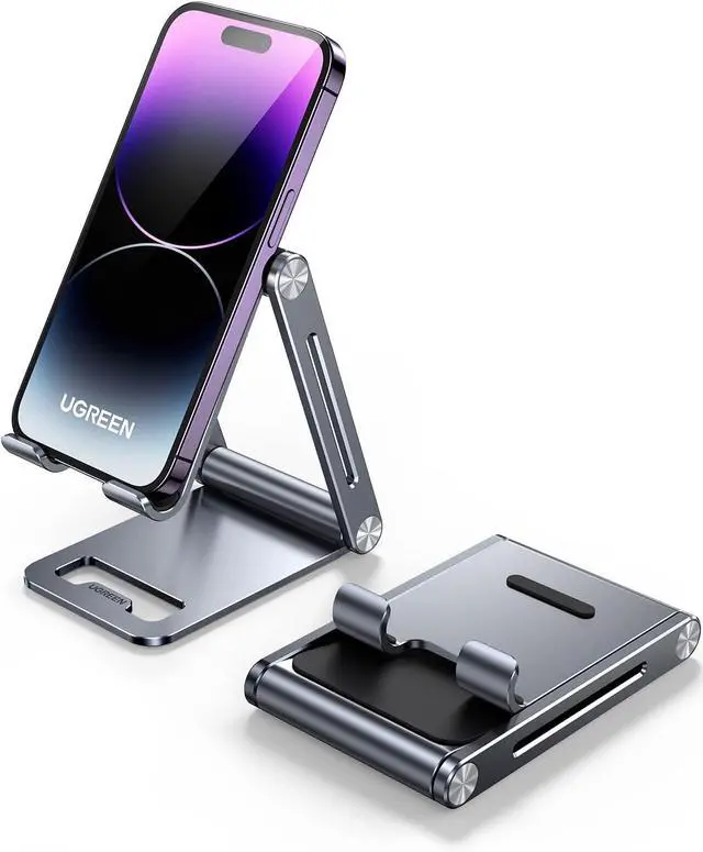 Alt view image 6 of 6 - UGREEN Phone Stand for Desk Cell Phone Holder Adjustable Compatible with iPhone 17 Air/16/15/14/13 Pro Max/12 Mini/11/XS Max/XR/X/Nintendo Switch, Aluminum Metal Desktop Stand Portable, Space Grey