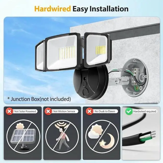 Alt view image 2 of 7 - Onforu 75W Flood Lights Outdoor, 7000LM Brightness Security Lights Switch Controlled, 3 Adjustable Heads, IP65 Waterproof, 6500K Wall Mount Exterior LED Flood Light